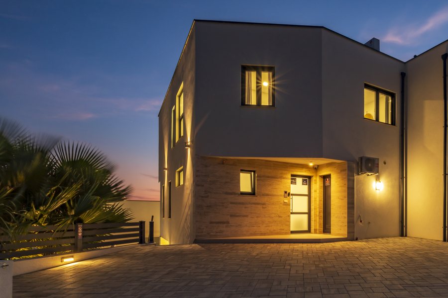 The entrance to the villa at dusk