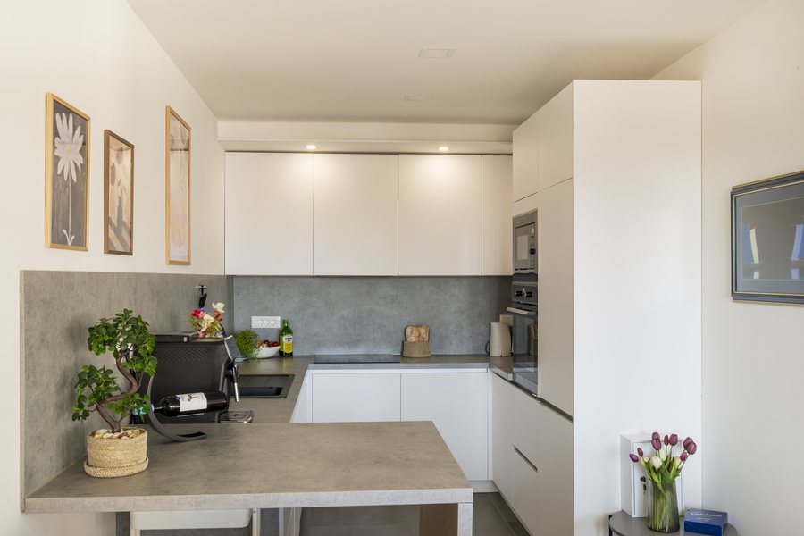 The kitchen beside the living room