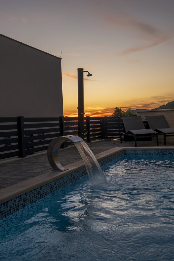 The water feature at sunset