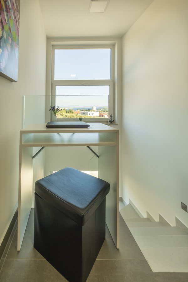 The work desk on the landing by the stairs